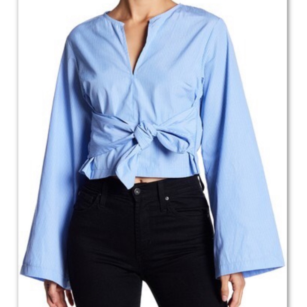 Lush blue pinstripe front tie blouse size small